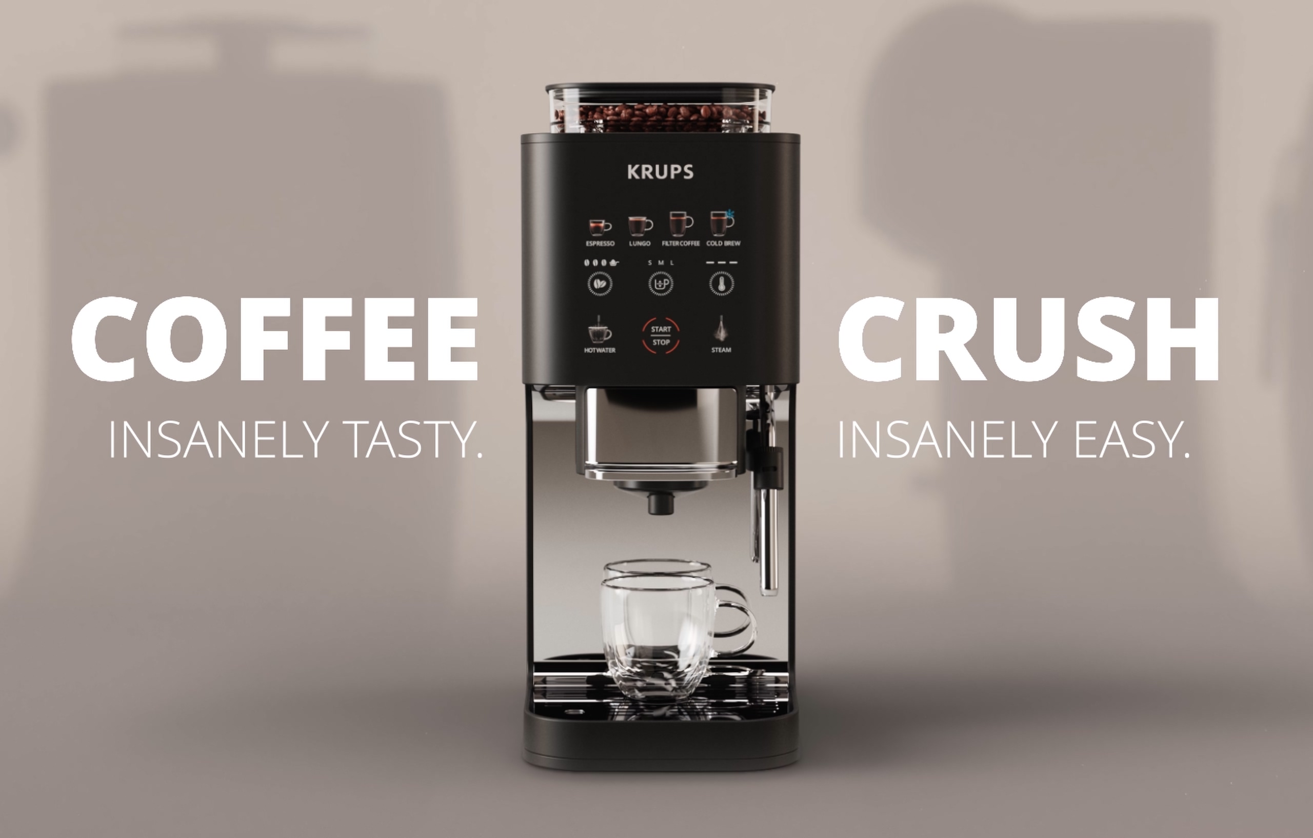 Front view of CG picture of Krups coffee crush machine